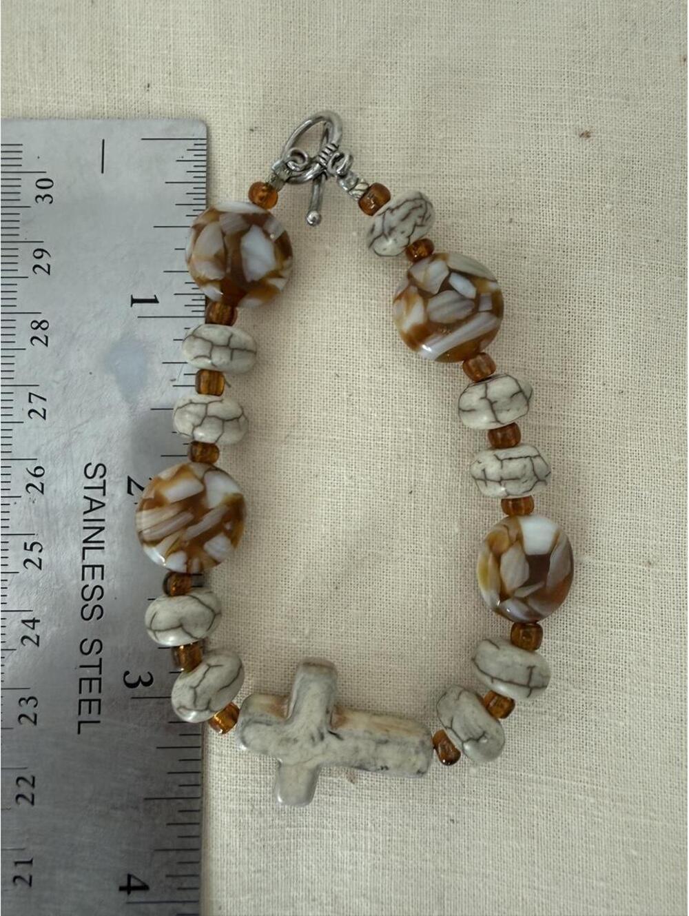 Brown Mosaic Bead Cross Bracelet Toggle Clasp - Picture 4 of 4